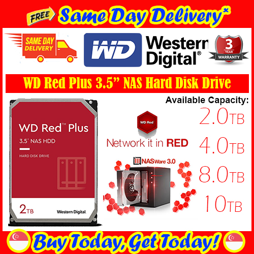 [Free Same Day Delivery*] WD Red Plus 2TB / 4TB  / 8TB / 10TB NAS Hard Disk Drive 3 Years Warranty! (*Order before 2pm on Working Day, will Deliver on the Same Day, Order After 2pm, will Deliver on Ne