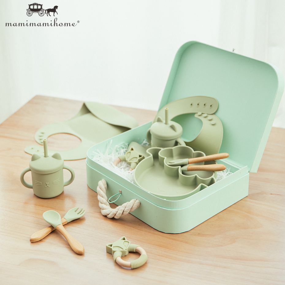 Mamimami Home Baby Feeding Set 6pcs 100% Soft Silicone Bib,Sippy Cup,Suction Plate with Box Best Kids Gift