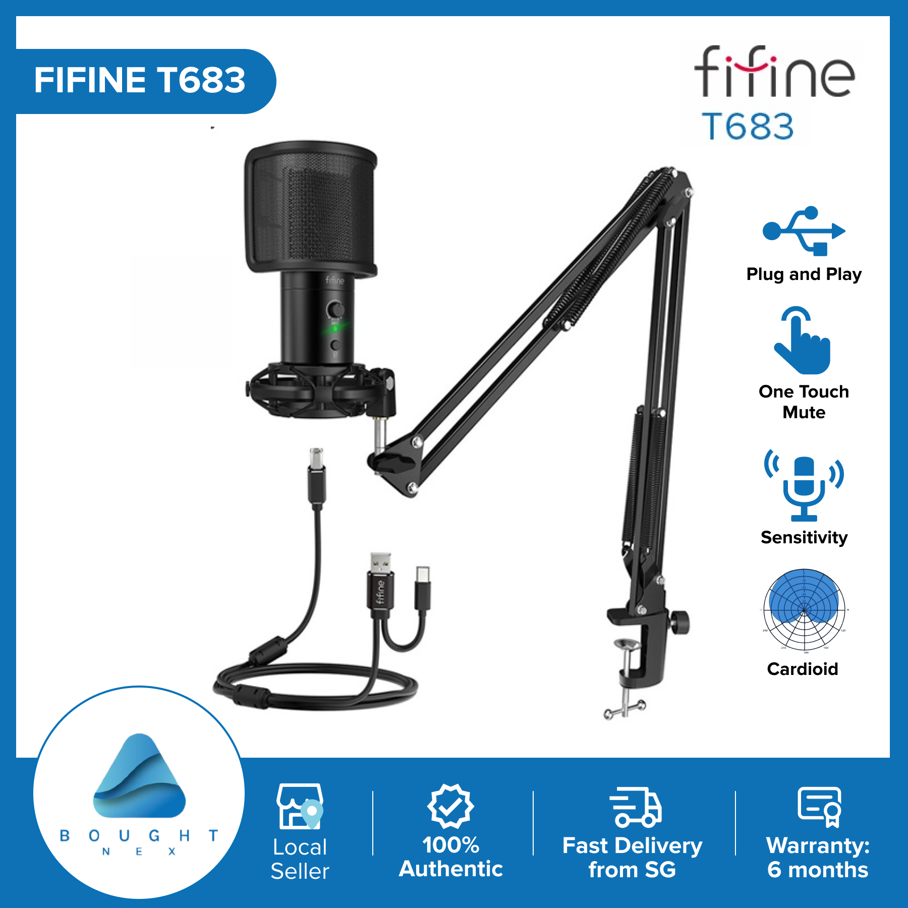 FIFINE T683 USB Microphone Bundle with Mute Button & Volume Dial & Monitoring Jack for PC / LAPTOP