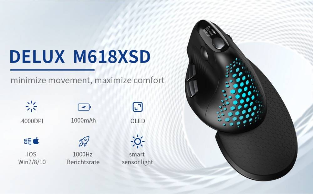 【11 11 Sales】Delux M618XSD Seeker Ergonomic Vertical Mouse with OLED Screen 4000DPI Rechargeable 1000mA Removable Back Cover For Computer